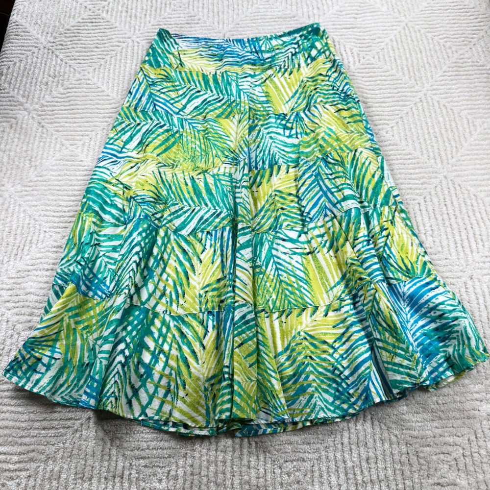 Ruby Rd Tiered Midi Skirt Women's 12 Tropical Palm Leaf Coastal Beachy Vacation